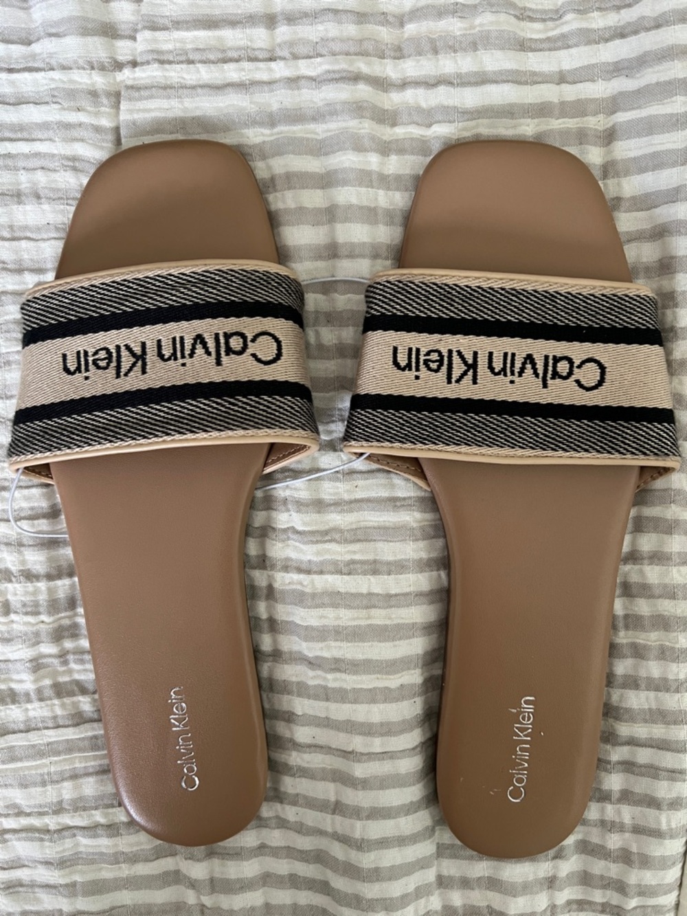 Calvin Klein Beige Slide Sandals with Black Logo Strap